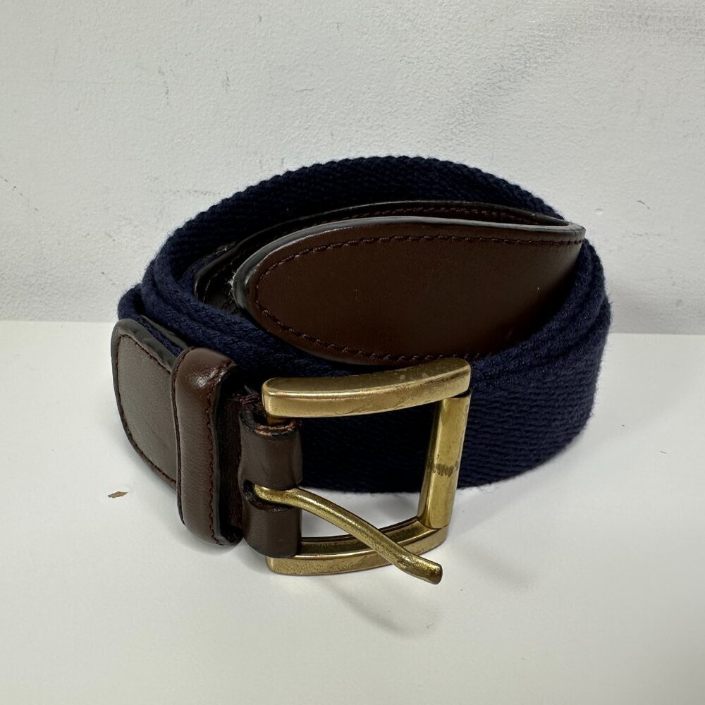 Brooks Brothers Genuine Brown Leather Navy Canvas Belt Brass Buckle Italy Sz 42